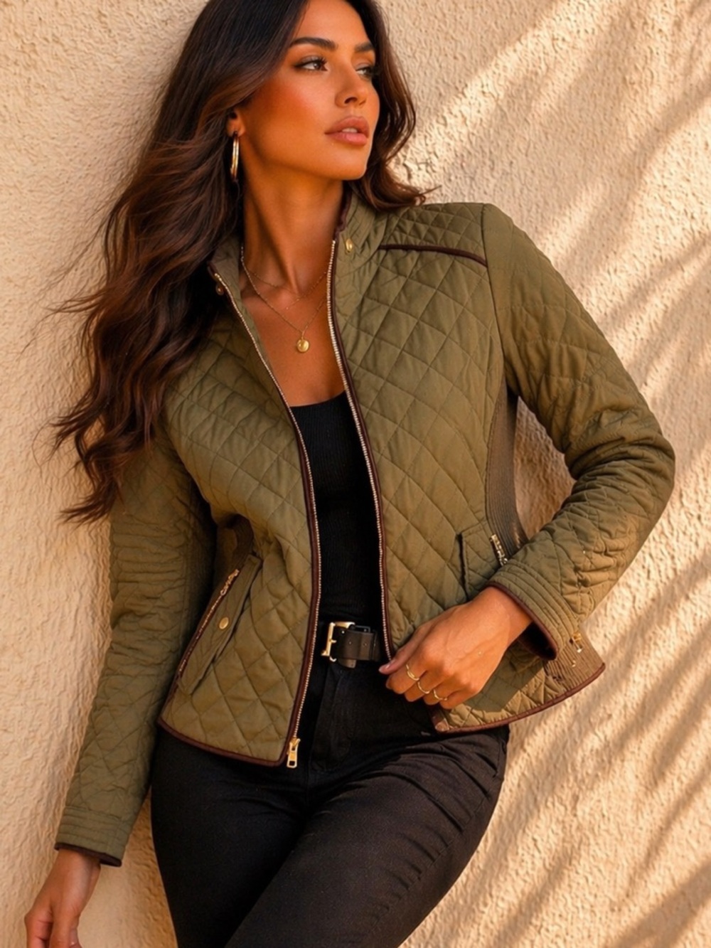 Love Tree Olive Quilted Utility Jacket | Gold Zip | Medium